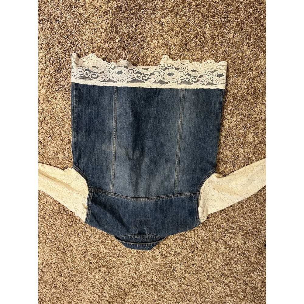 Upcycled Denim Jacket Lace Sleeves Handmade Boho Boutique Womens M - Picture 8 of 8